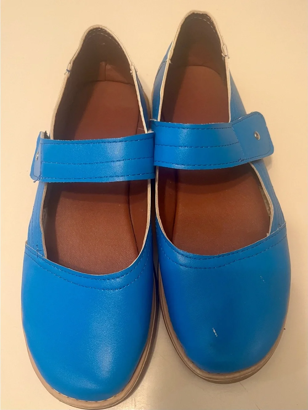 Women's Leather Mary Jane Dress Shoes in Bright Blue with Hook Strap